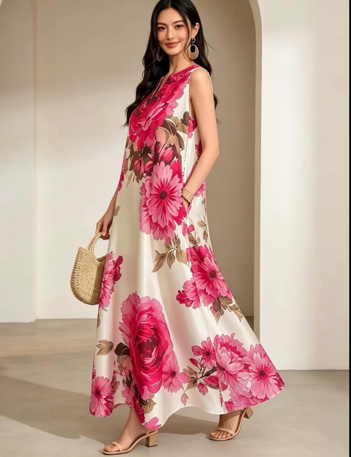 A woman wearing a long white sleeveless dress with large pink floral prints and tan sandals.