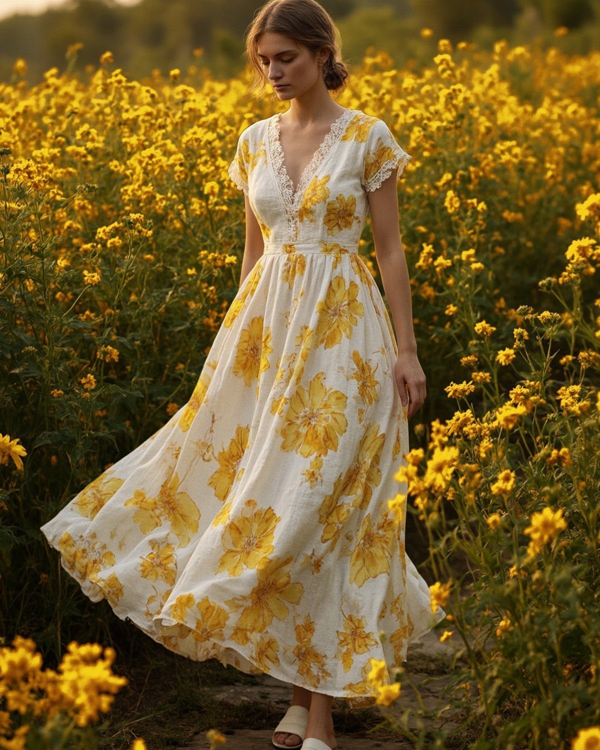 Woman in a white and yellow floral maxi dress standing in a field of yellow flowers.