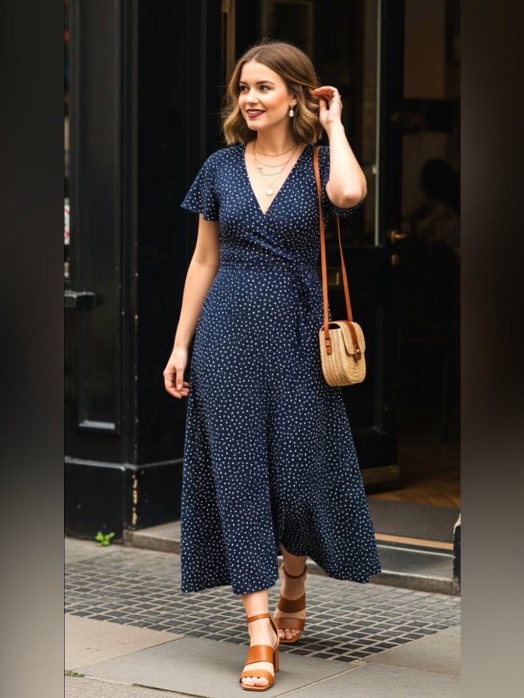 A woman walking in a navy blue polka dot midi dress with tan sandals and a small bag.
