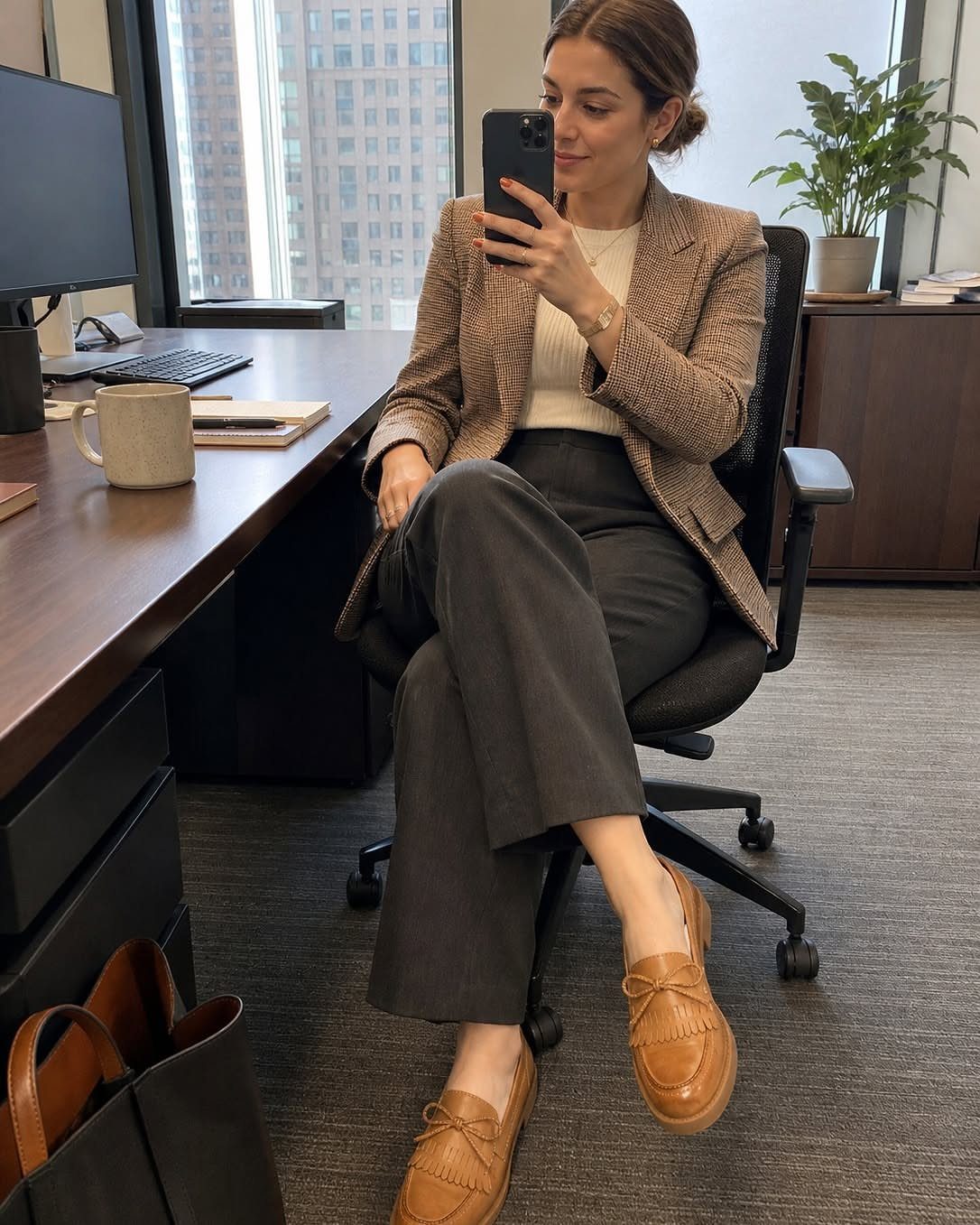 Woman in office attire sitting at a desk wearing tan leather tassel loafers.