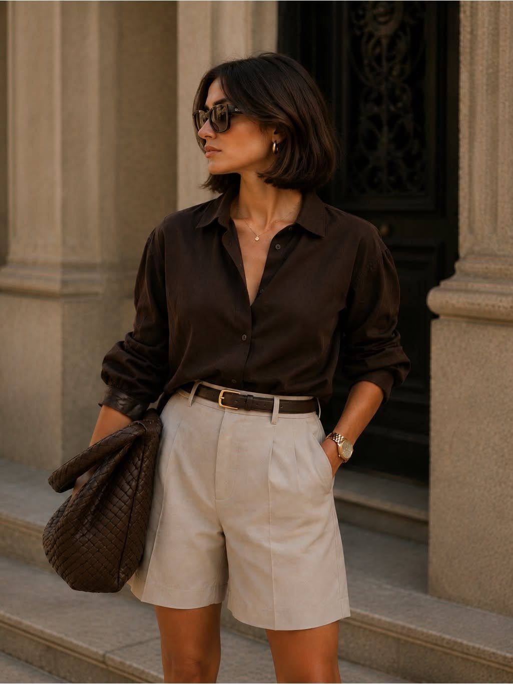 A woman wearing a brown shirt and beige tailored shorts standing outdoors near stone columns.