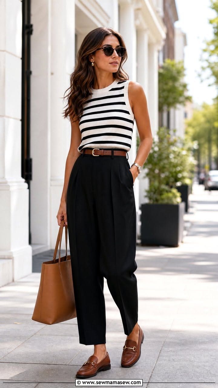 Woman in striped sleeveless top and black trousers walking on a city street.