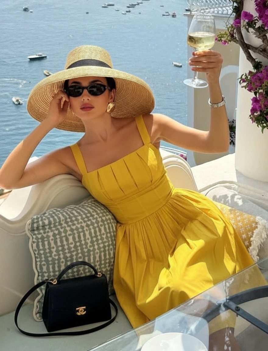 A woman wearing a yellow sundress and straw hat relaxes on a sunny seaside terrace.