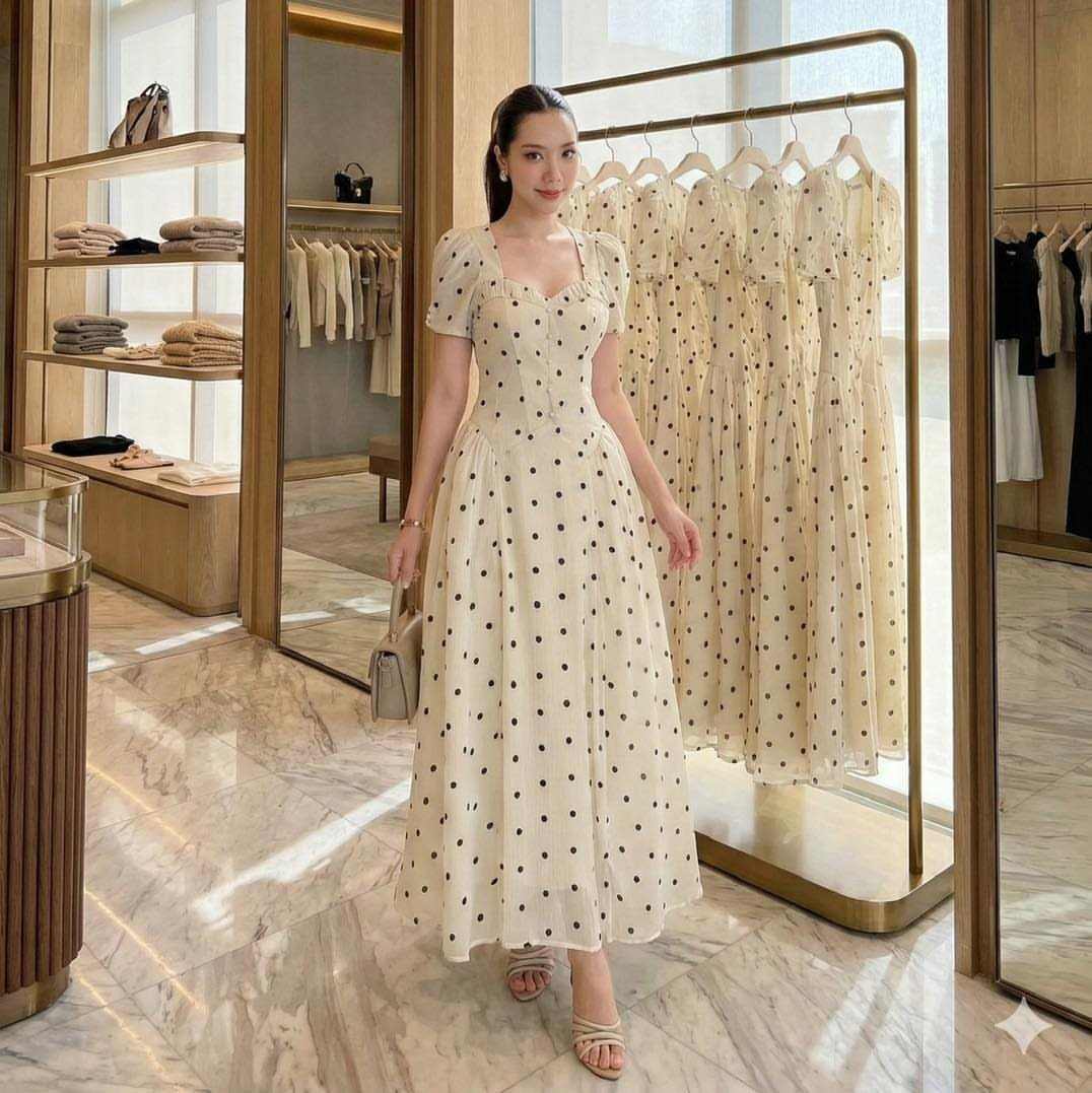 A woman posing in a cream polka dot puff-sleeve dress inside a bright clothing boutique.