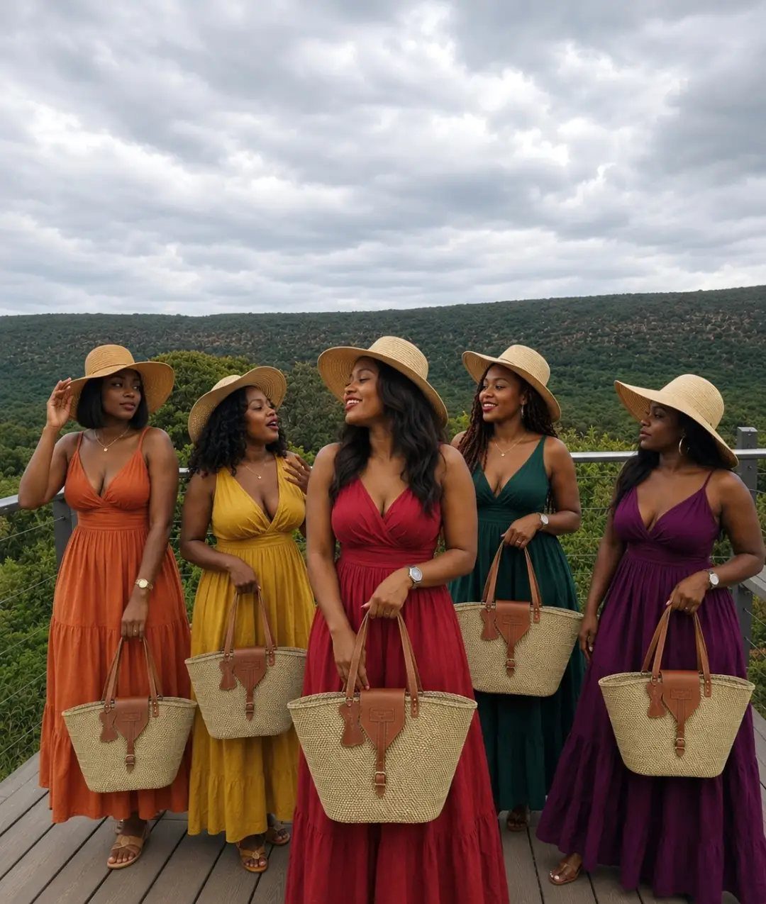 Five women in colorful maxi dresses wearing straw hats and carrying large straw tote bags outdoors.