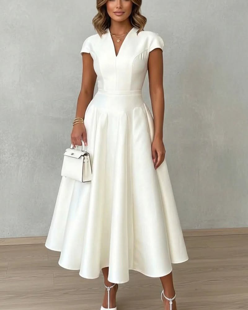 Woman in a white satin midi dress featuring short cap sleeves and a flared skirt.