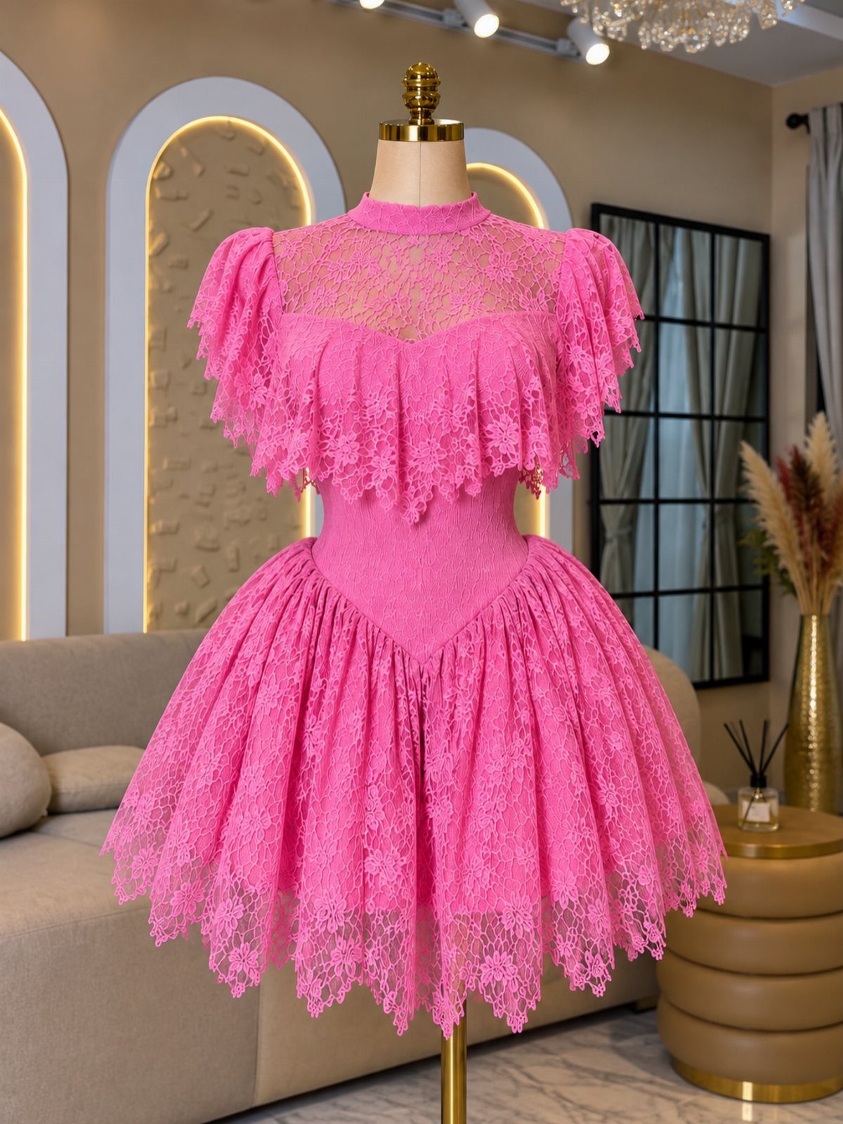 A bright pink short lace dress with puffed sleeves displayed on a gold mannequin.