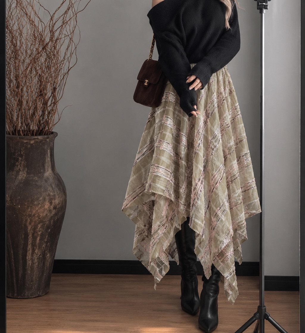 A person wearing a long, patterned beige asymmetrical skirt with an uneven hemline and black boots.
