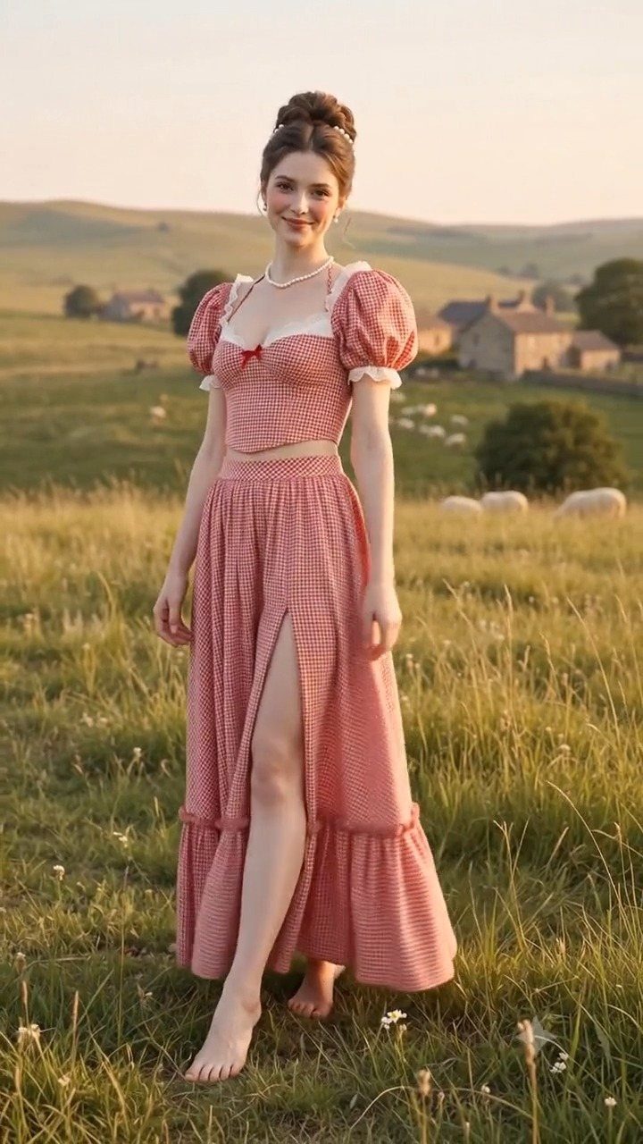 Woman in a red gingham skirt with a high slit standing in a grassy field.