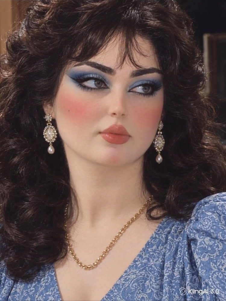Woman with voluminous dark curls and dramatic blue vintage-style eye makeup and rosy blush.