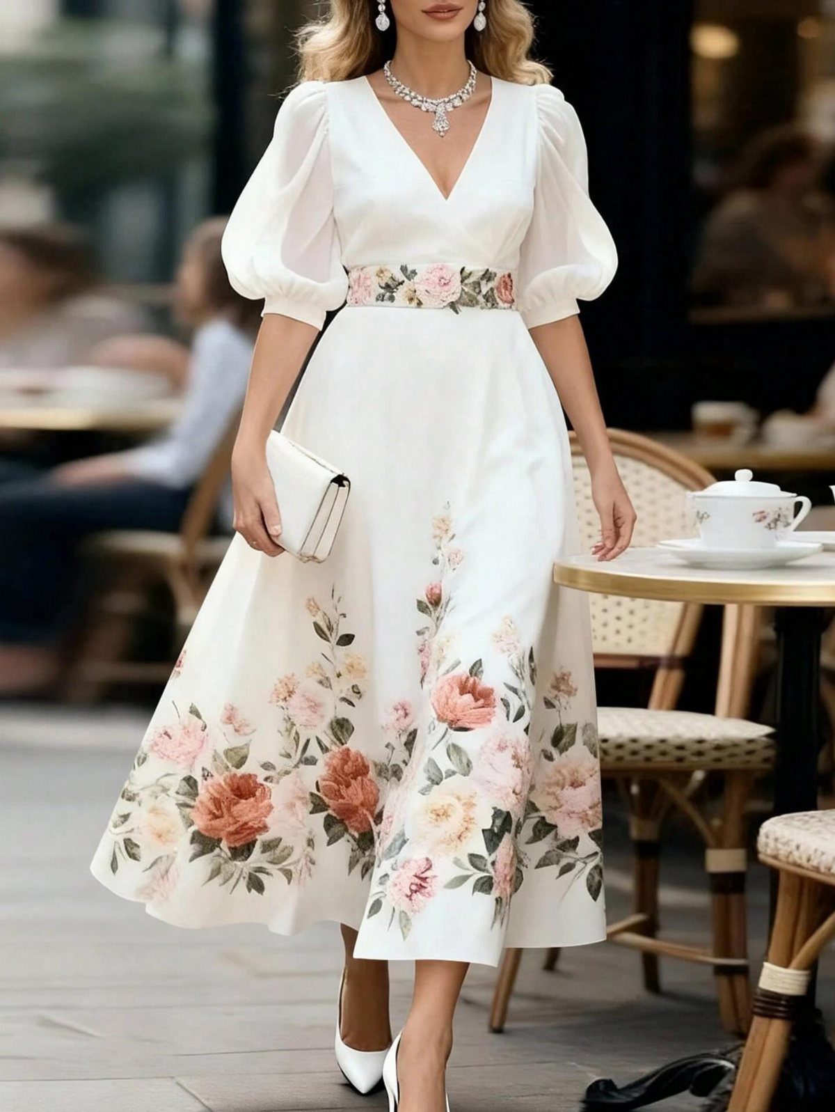 Woman wearing a white midi dress with large puff sleeves and floral patterns.
