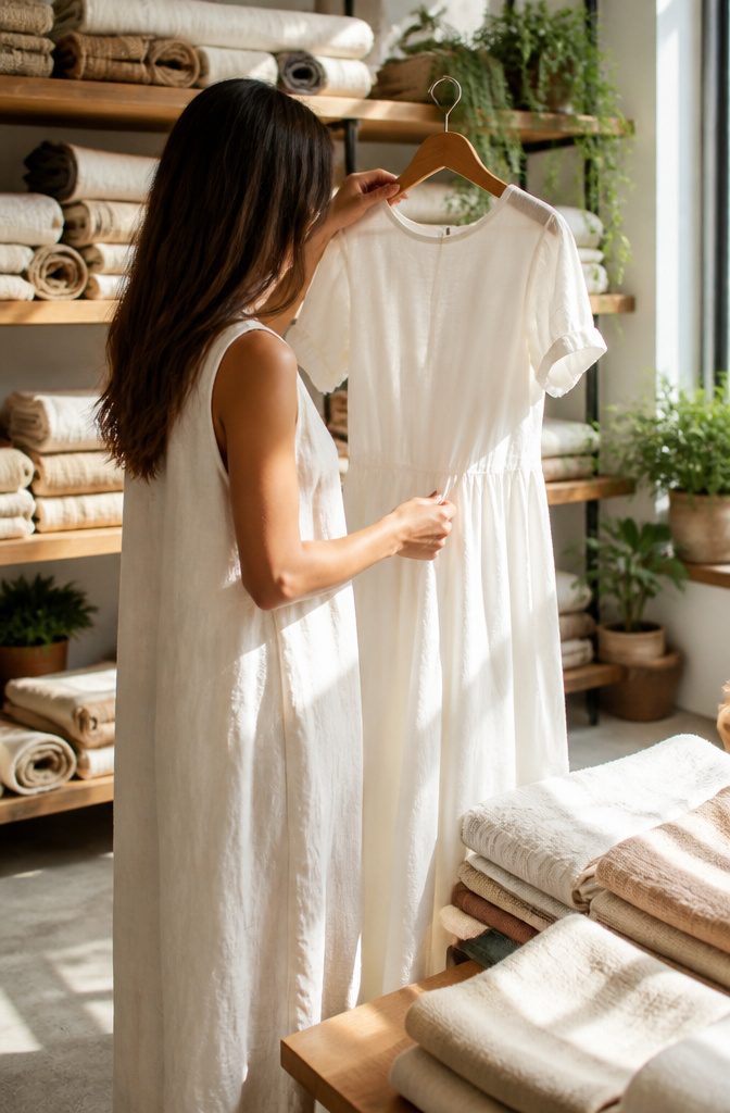 A model examines a white dress made from eco-friendly fabric.