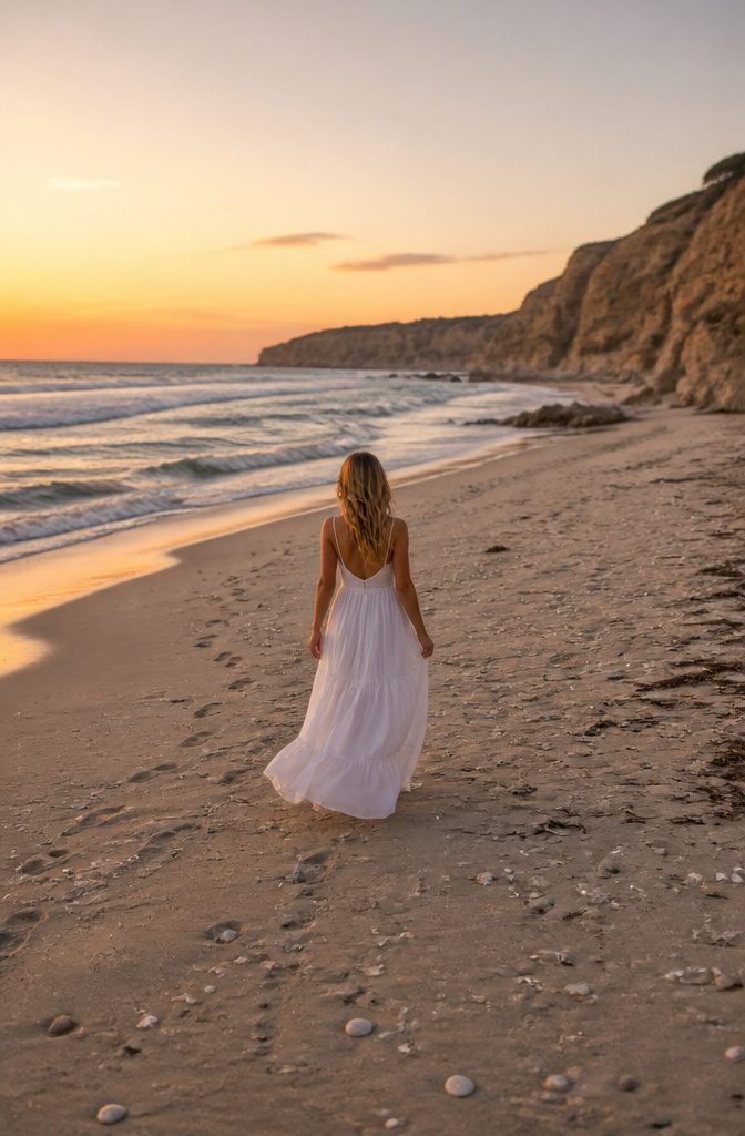 A model wearing a floor-length white maxi dress.