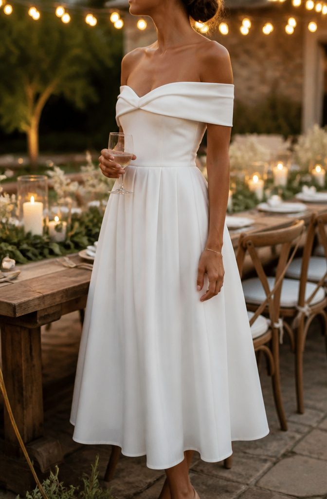 A model in a white off-the-shoulder dress under string lights.