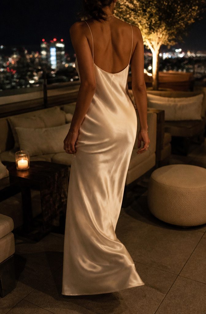 A model posing in a white satin slip dress.