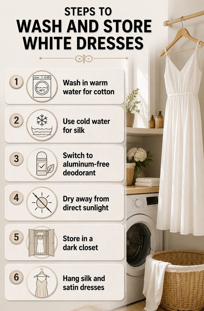 Instructions for washing and storing white dresses.