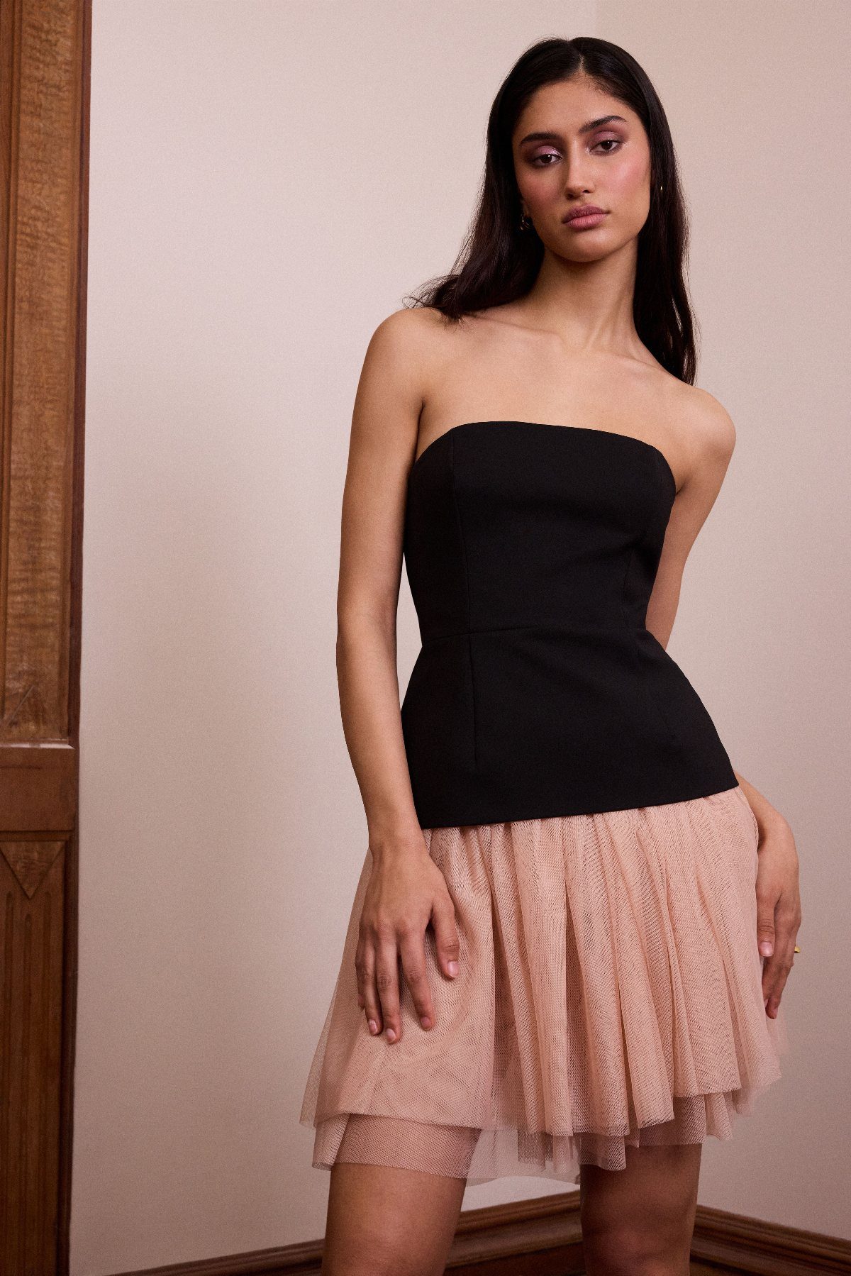 A woman wearing a black strapless bodice and a pink tulle tutu skirt.